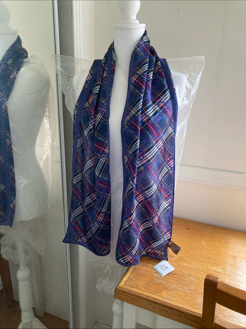 Coach Navy Multicolor Plaid Silk Scarf